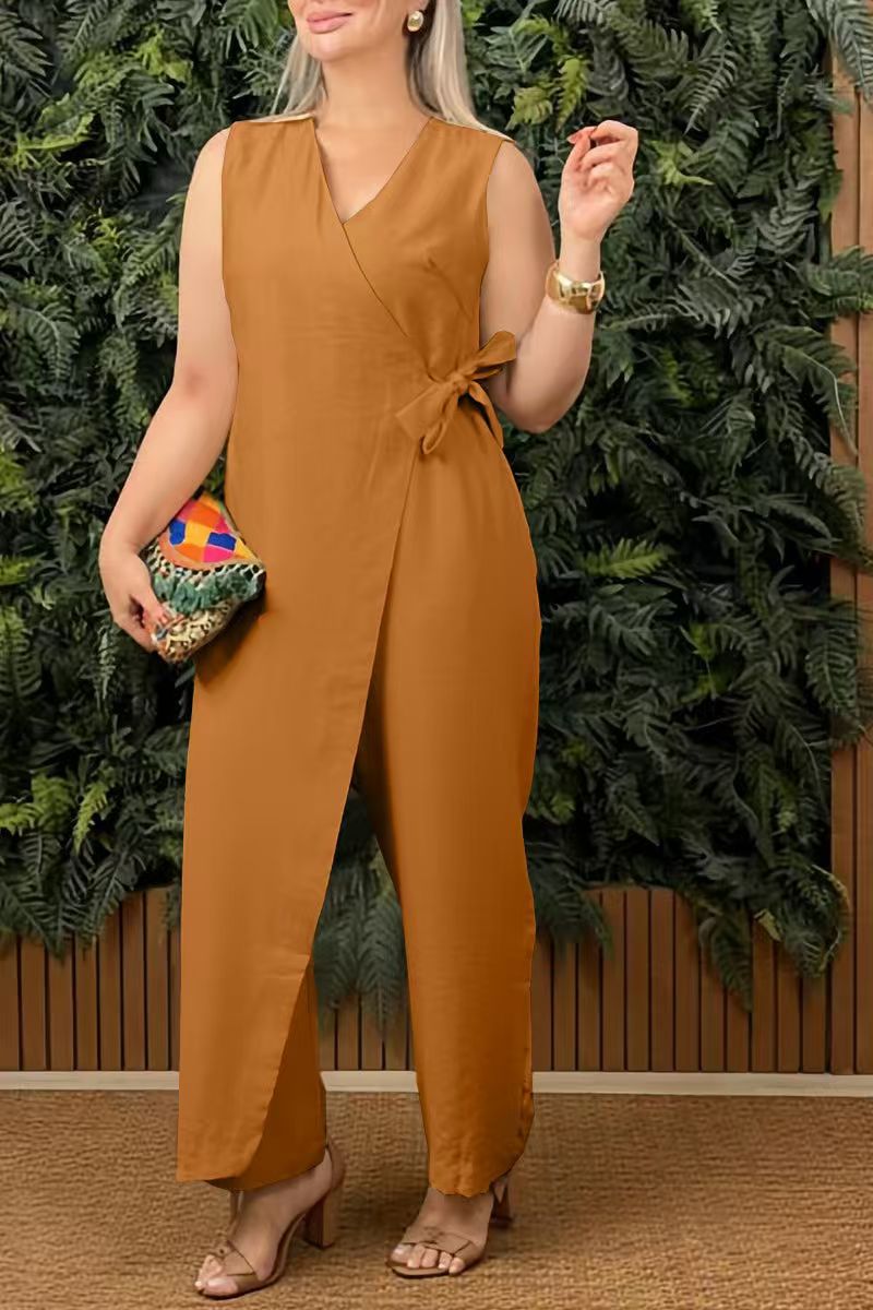 Damen V-ausschnitt Jumpsuit Mit Bindegürtel Sommer Romper Einteiler_voghion.com