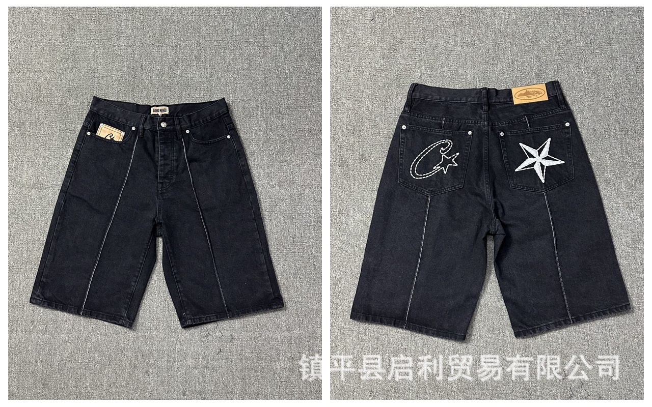 Corteiz Denim Shorts Star Embroidery Black