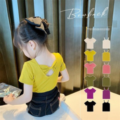 Girls' Short Sleeve Bow T-shirt 2024 Summer New Small and Medium Children's Fresh Elastic Candy Color Underwear Top 
