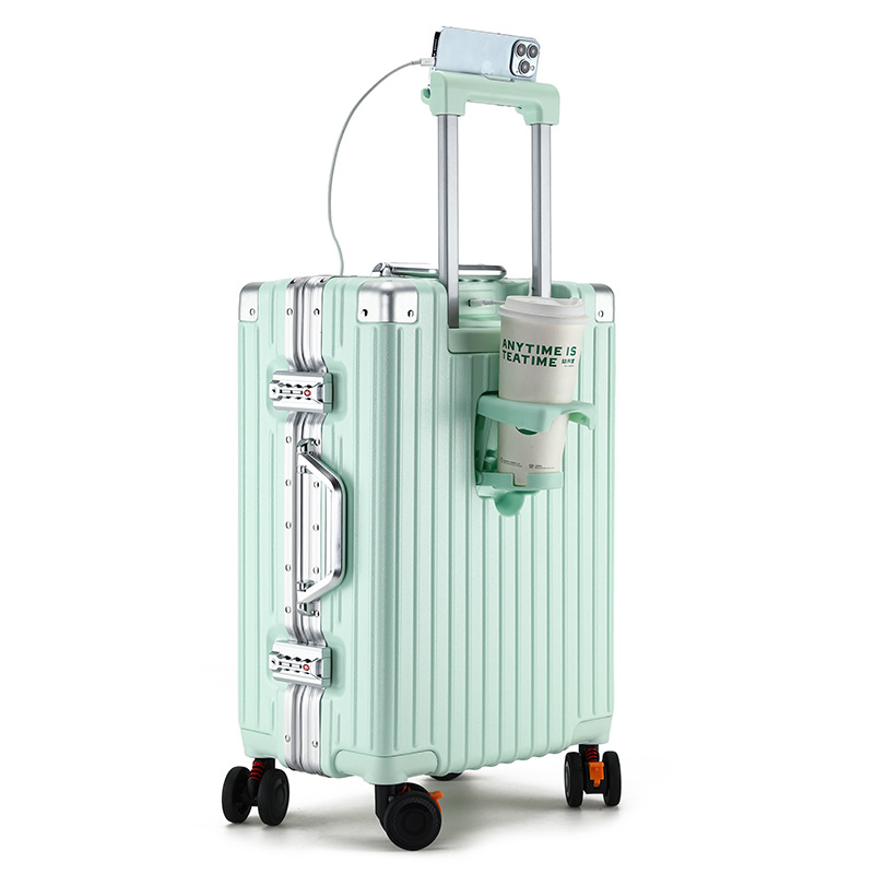 Maleta multifuncional porta taza de agua puerto de carga caja de barra de tracción marco de aluminio maleta silenciosa rueda universal maleta