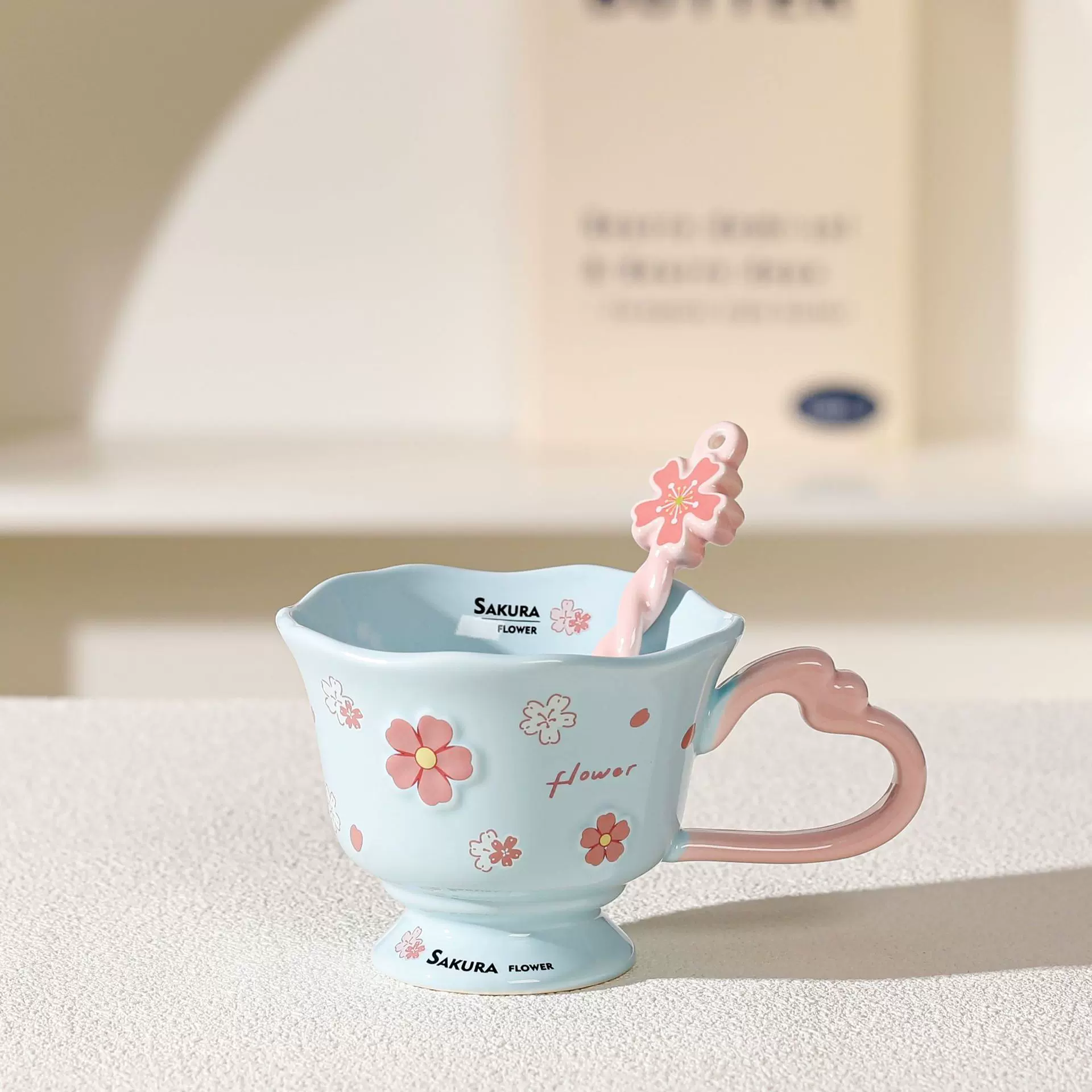 高颜值樱花陶瓷杯创意新年杯子咖啡杯马克杯家用女生杯子个性水杯