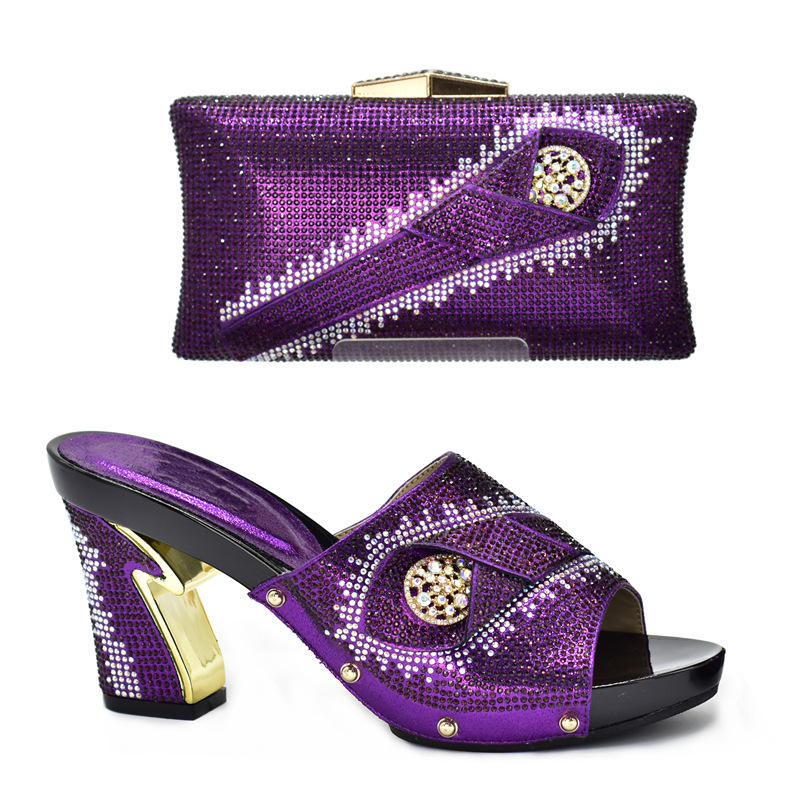 Diamond pattern royal blue casual high-heeled fashion sandals with round head and banquet handbag set_voghion.com