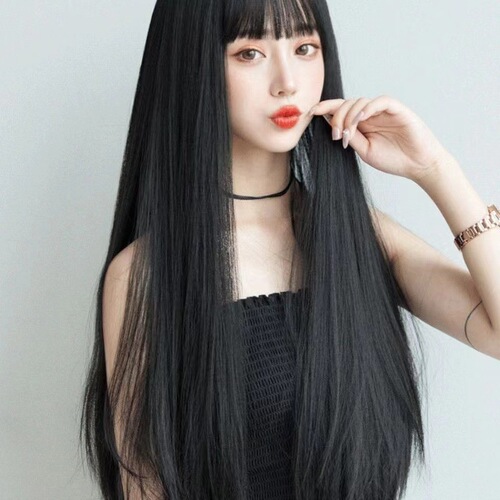 Female Korean wig with long black hair, soft style, realistic full head cover, Japanese influencer air bangs, temperament face-hugging wigs