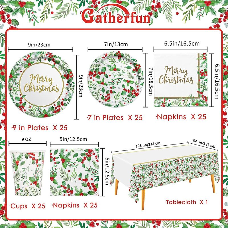 箔押しクリスマステーマ装飾緑葉紙皿紙コップティッシュセット旗を引いて食器パーティーセットを配置する|undefined