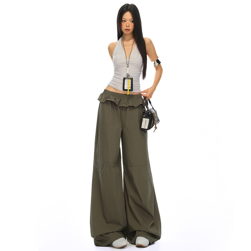 デザインレースウエストワイドレッグパンツ女性のための 2025 夏の新しいストレートルーズハイウエストスリムカジュアルパンツ|undefined