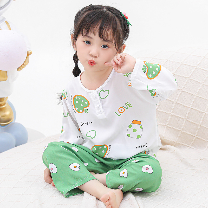 Children's Cotton Silk Pajamas Summer Thin Long-Sleeved Cotton Silk Baby Boys and Girls Home Clothes Air-Conditioned Clothes Drop Shipping