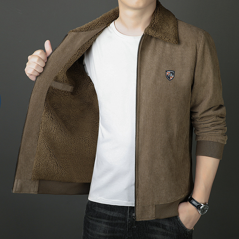Autumn and Winter Cross-border Men's Jacket Corduroy Lapel Solid Color Business Casual Middle-aged Fleece-lined Thickened Warm Jacket for Men Autumn and Winter Cross-border Men's Jacket Corduroy Lapel Solid Color Business Casual Middle-aged Fleece-lined Thickened Warm Jacket for Men