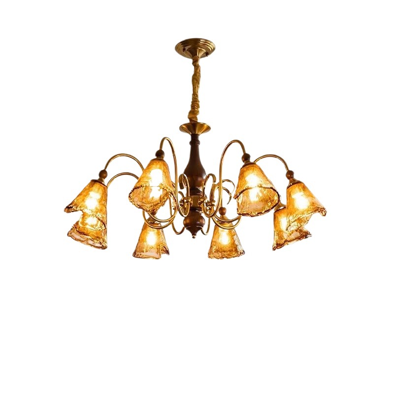 Araña de sala de estar medieval francesa nuevo estilo Maillard retro madera maciza dormitorio principal comedor lámpara de vidrio Zhongshan