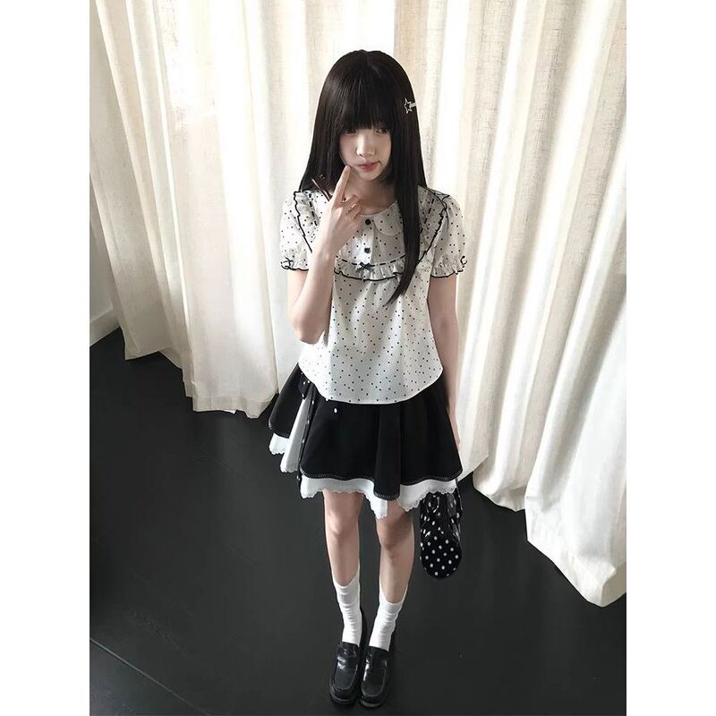 In Stock: Grey Girl Summer Japanese-Style Cute Polka Dot Doll Shirt Top and Black and White Short Skirt Set for Women