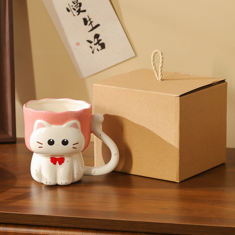 Taza Mug de Cerámica con Relieve de Gato Pintado Bajo Esmalte Resistente a Altas Temperaturas para el Hogar