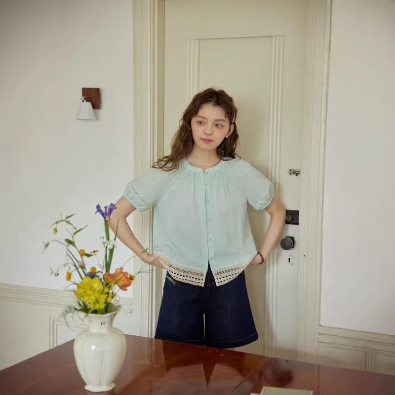 Nov Elist French Pleated Round Neck Blouse with Lace Stripes, Women's Short-Sleeved Summer Thin Top