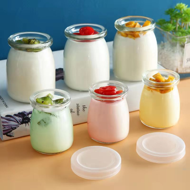 卸売り100ml厚い布丁瓶ヨーグルトガラス瓶ムースゼリー牛乳飲料木栓分注カップ蓋付き|undefined