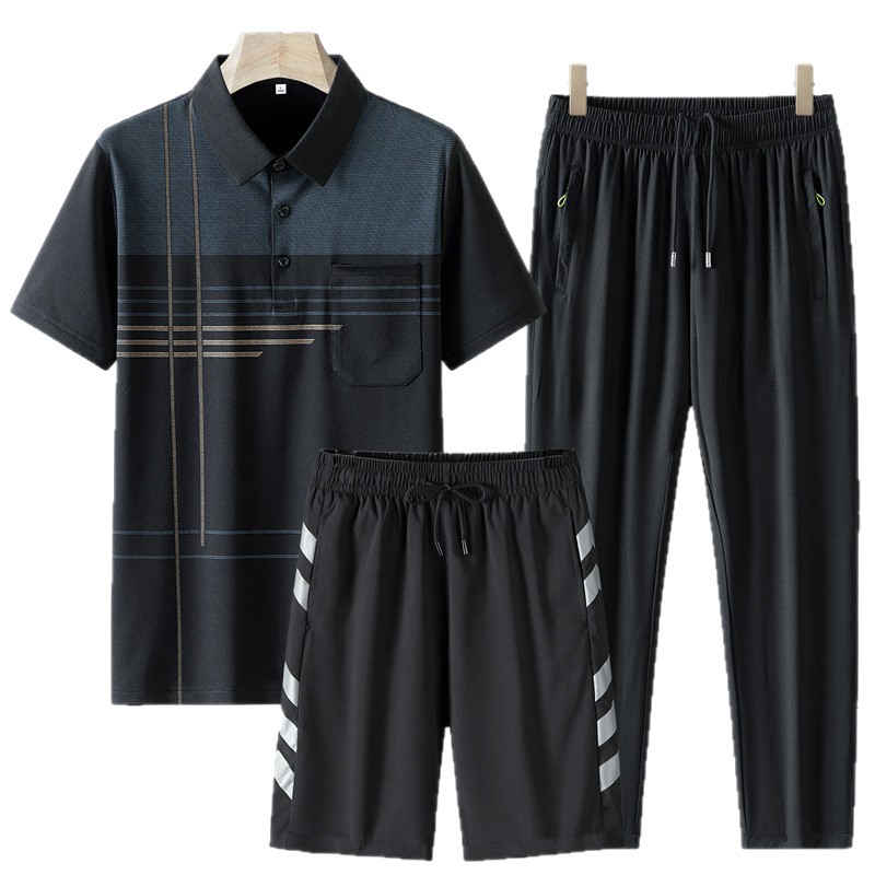 Traje casual de verano de papá de mediana edad Camiseta polo de media manga delgada de verano de manga corta para hombre Camiseta de tres piezas de secado rápido para hombre