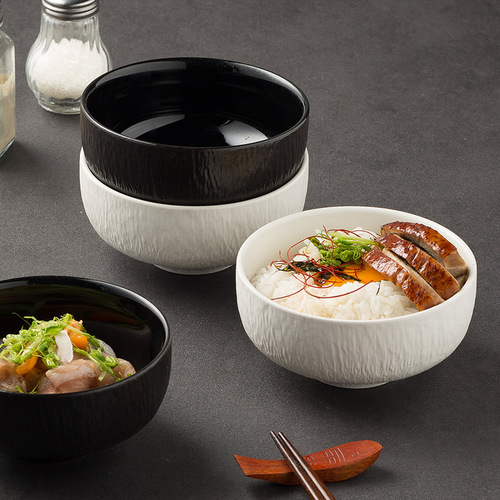 Japanese creative cooking tableware hotel commercial rice bowl household ceramic bowl single black and white new style for one person
