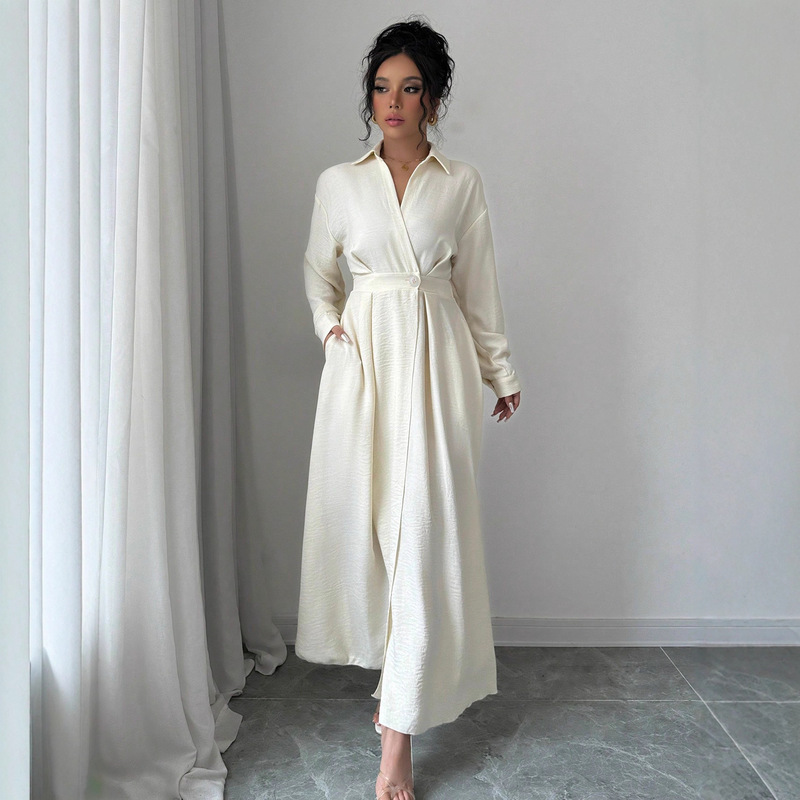 New Loose Elastic High-Waist Slimming Polo Collar Shirt Long Skirt Long-Sleeved Dress