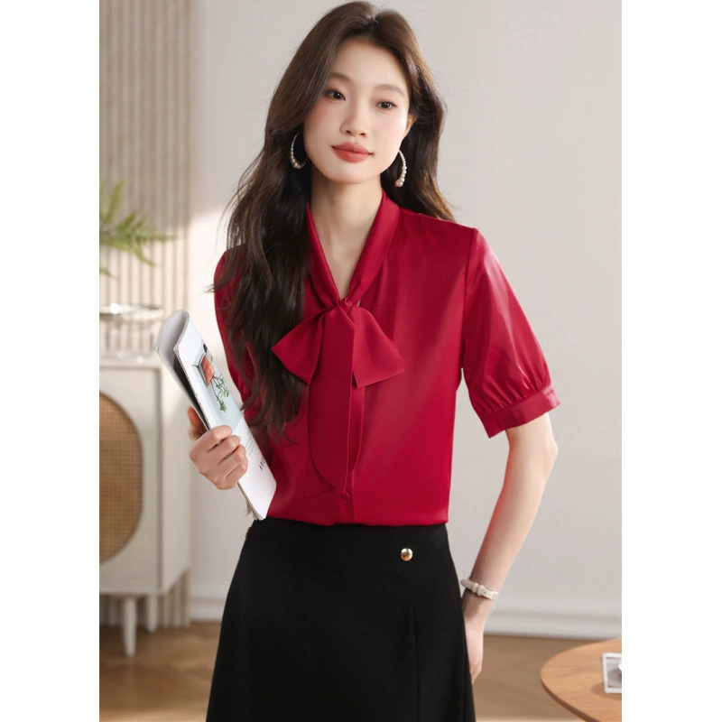 Shirt with bow, white elite fashionable silk long-sleeve