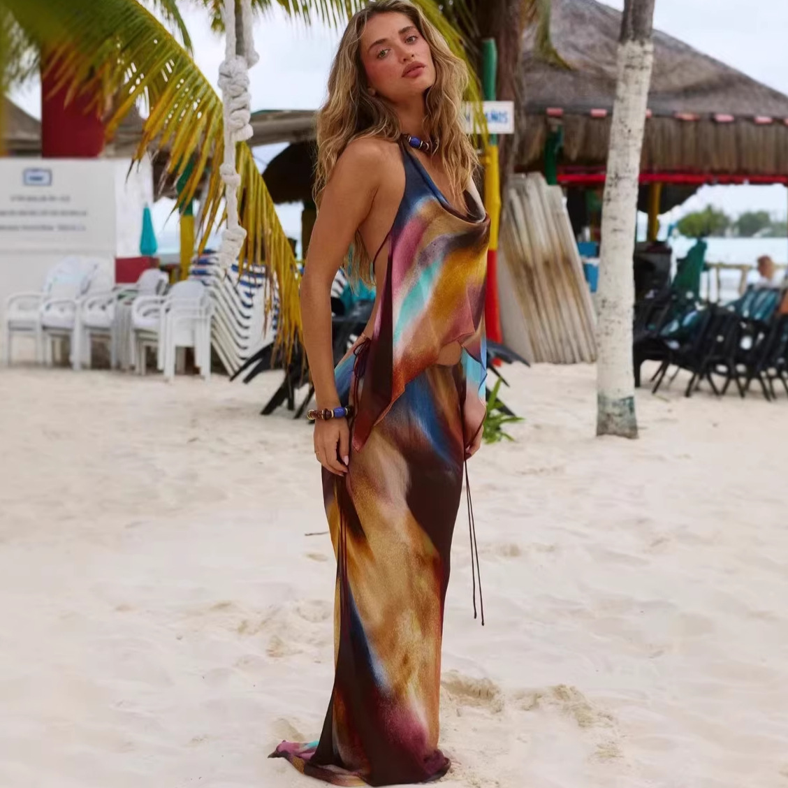 Women's Halter Neck Set American Style Pure Sexy Print Beach Backless Top Tie Up Vacation Look_ecoleips.com