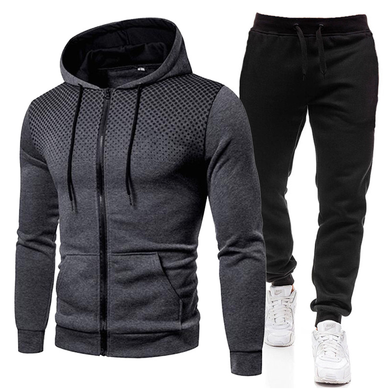 Neues einfarbiges Reißverschluss-Set mit rundem Punktdruck für Herbst-Winter-Plüsch-Herren-Damen-Sport-Hoodies, Pullover und Hosen_voghion.com