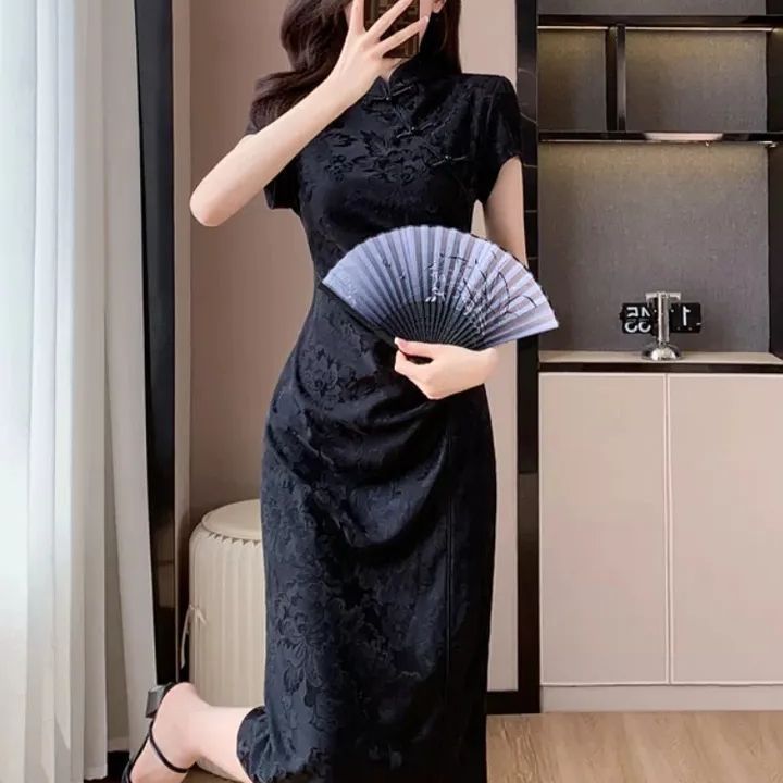 9397 Style Black Jacquard Stand Collar Cheongsam Dress 2025 Summer New Style Chinese Style Disc Buckle Elegant Slimming Look Long Skirt