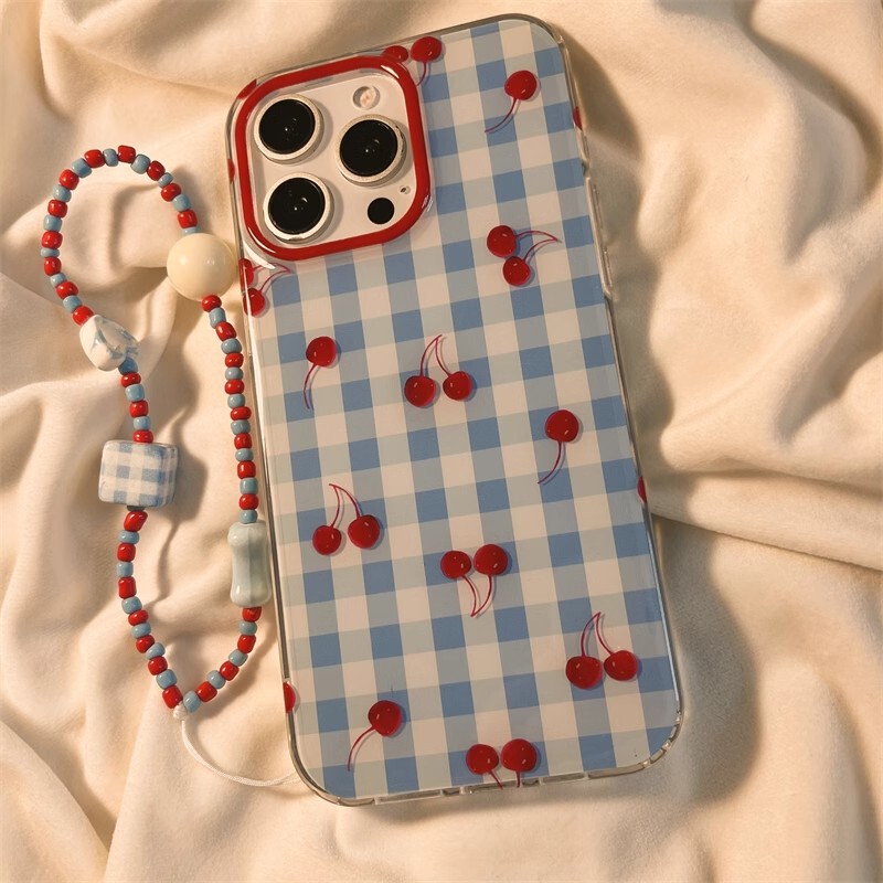Niche Blue Plaid Cherry Phone Case Suitable for Apple 17/15Pro Cartoon Protective Cover Iphone14/13