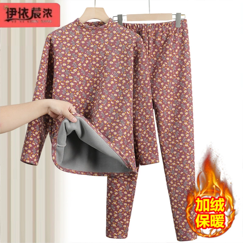 Зимняя одежда для мам Толстый бархатный костюм с цветочной флисовой подкладкой, теплая одежда для женщин среднего и пожилого возраста, осенняя одежда с высоким эластичным полувысоким воротником
