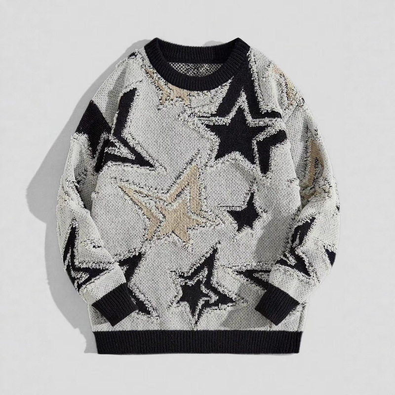 Cross-Border American Retro Star Jacquard Knitwear for Men and Women in Autumn and Winter Loose Pullover Lazy Loose Couple Knitwear