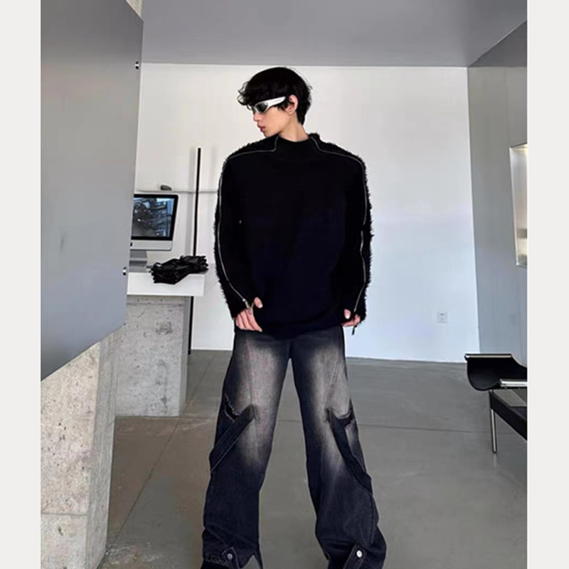 Men's Clothing street zipper sweater brand high street casual deconstruction design loose round neck knitted sweater trend_voghion.com
