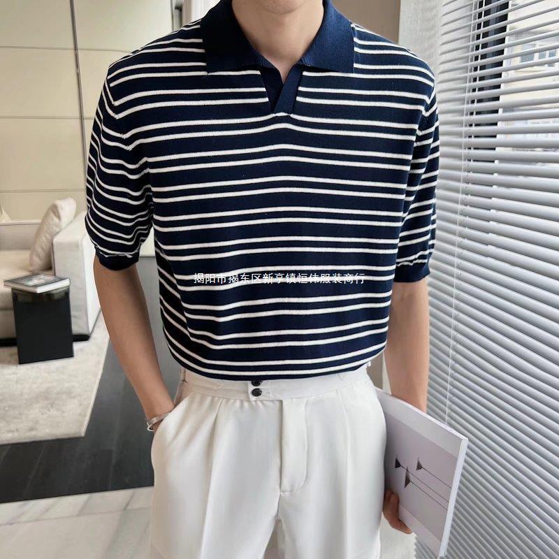 Trendy Brand Short-sleeved T-shirt Men's Striped Summer New Fashionable ins Ice Silk Lapel Distinctive All-match Half-sleeved Polo Shirt