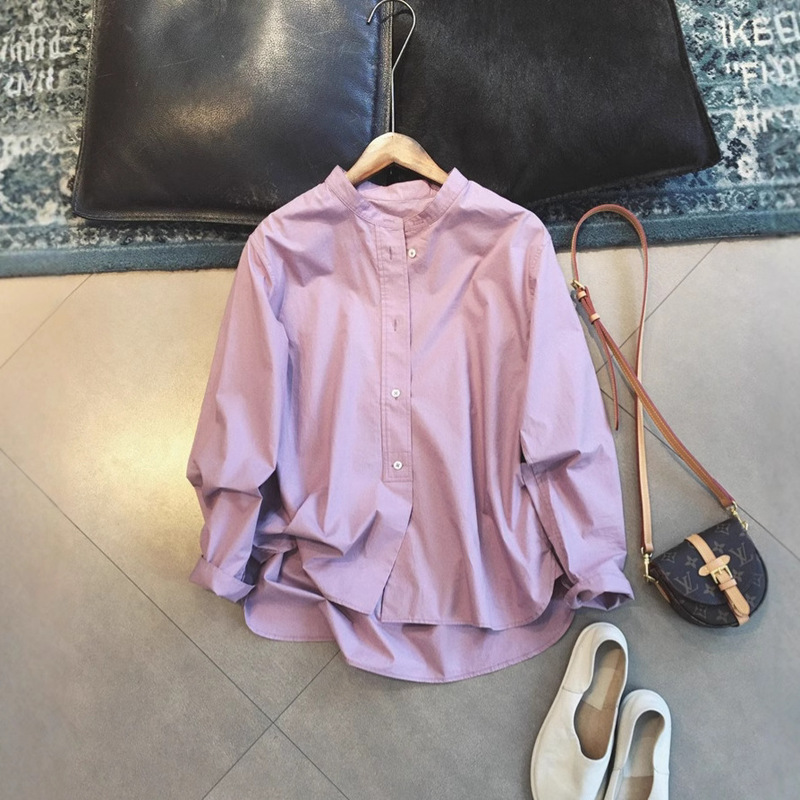 in stock 25 summer new light art high-density combed cotton stand collar van wide placket shirt a generation of hair