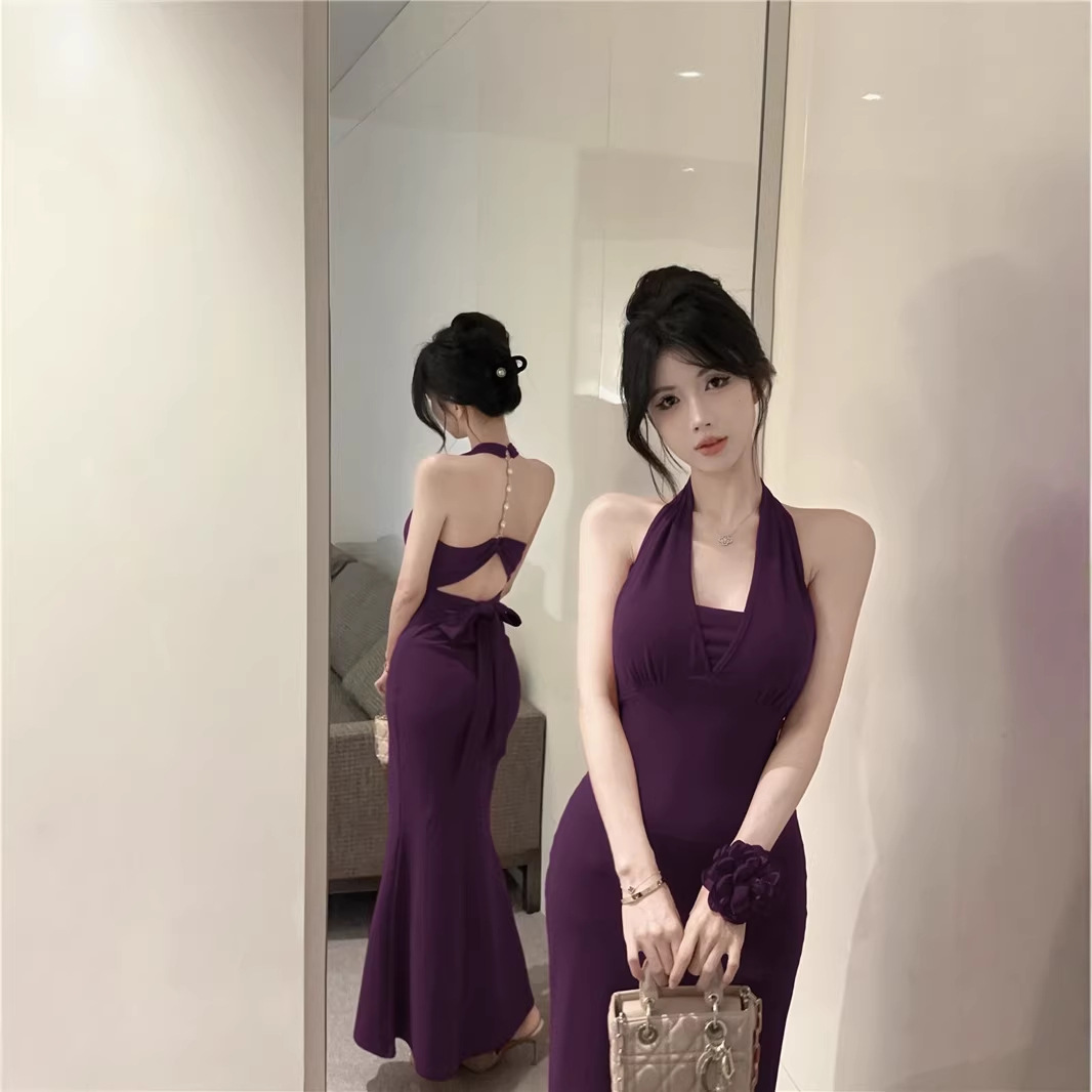 Sexy and elegant halter neck long dress, summer dress for women, hollowed-out high elasticity slim fit, backless tie-up long dress