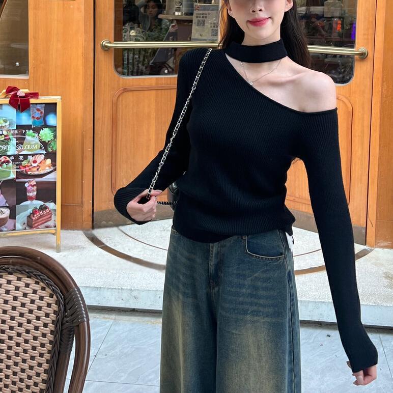Korean Style Hanging Neck Shoulder Long-sleeved Sweater Top Women's 2024 Autumn and Winter New Solid Color Inclined Shoulder Base Sweater
