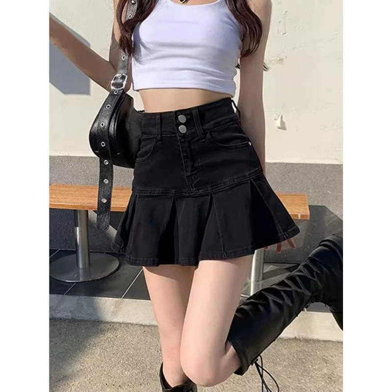 Черная джинсовая короткая юбка больших размеров для женщин, летняя плиссированная юбка трапециевидной формы с высокой талией, маленькая сексуальная юбка «рыбий хвост», закрывающая ягодицы
