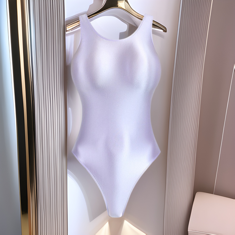 Tight-Fitting One-Piece Glossy Silk Solid Color Base Round Neck Body-Shaping Silky High-Cut Gymnastics Swimsuit