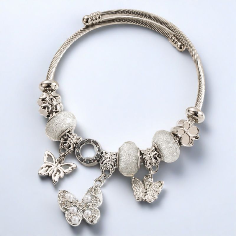 新款潘家多啦不锈钢手镯女镶钻串珠小熊爱心吊坠手链批发