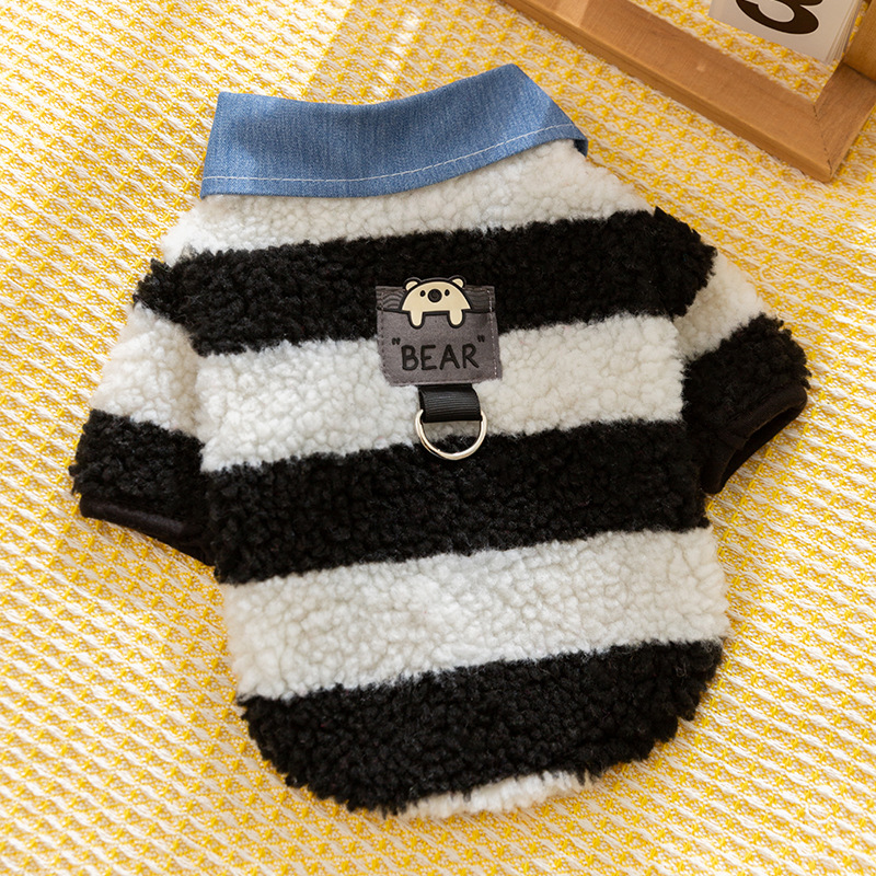 Camisas azules y púrpura de costura a rayas cuello de camisa de dos patas perros pequeños gatos otoño y invierno de dos patas de manga larga ropa de mascotas cálidas