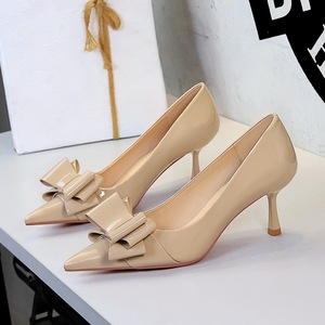 9577-H87 European and American style sexy slim heel pointed high heels women's shallow bow versatile patent leather