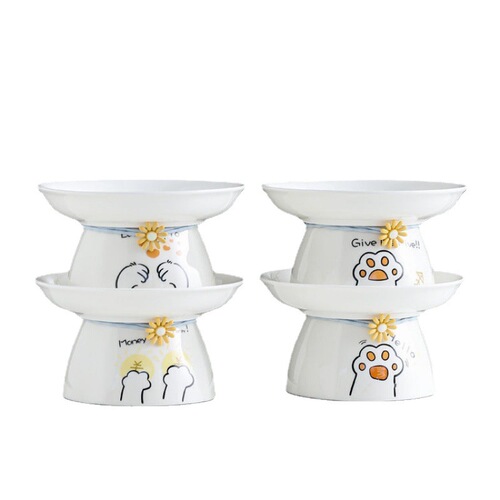 Pet Ceramic Cat Bowl Cute Drinking Bowl Cat Food Bowl Pet Bowl High-Stepped Neck Protection Small Dog Bowl Cat Bowl High-Stepped Plate