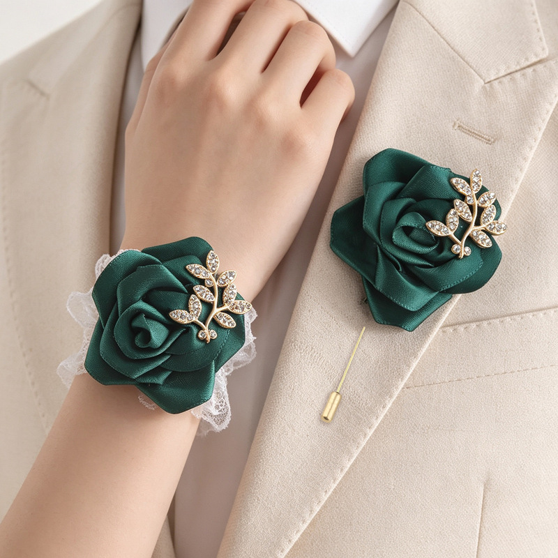 Dark green satin rose with rhinestone branches and leaves corsage wrist flower wedding accessory bridal hand flower wholesale T675A