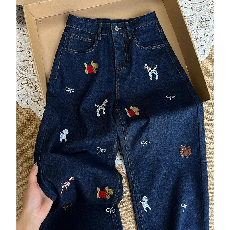 刺繍子犬蝶結びデザイン紺色ハイウエストストレートジーンズ|undefined