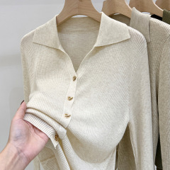春と秋の女性用ポロカラーボトリングシャツ、スリムデザインセーター、カーディガン、セーター、通勤用初春トップス