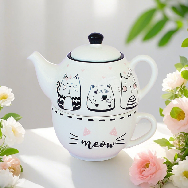 Francia romántico lindo gato europeo blanco y negro tetera de cerámica regalo de té para el hogar taza de decoración con set de tetera