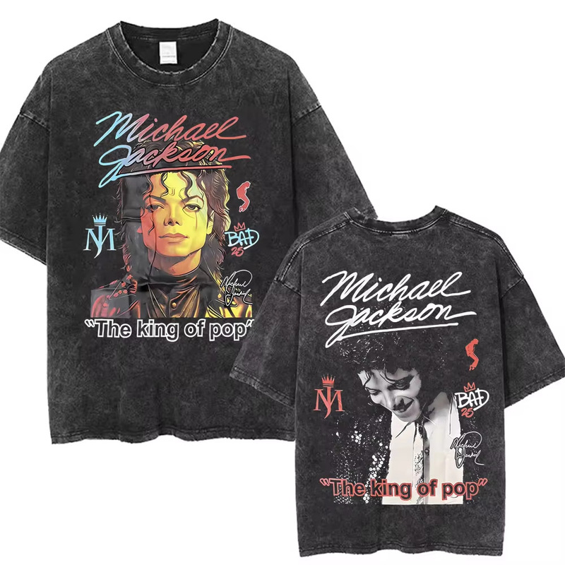 Michael Jackson Face Graphic 240g Vintage Washed Distressed Snowflake American Style T-Shirt for Men