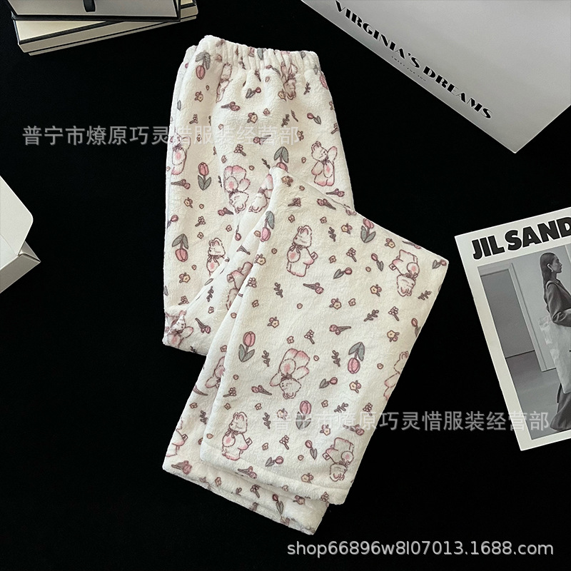 Pantalones de pijama de franela de coral de dibujos animados, pantalones de pijama de hombre, pantalones de invierno de otoño de mujer, pantalones caseros