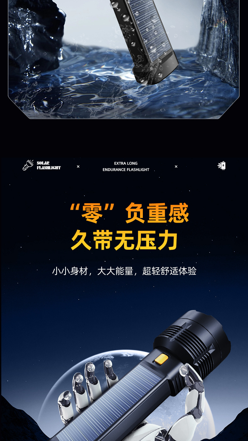 Photovoltaic Solar Flashlight Strong Light Super Bright Outdoor Long-shot Bright Long-life Battery Charging Portable Concentrator