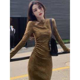 复古风轻奢名媛气质不规则领长袖连衣裙女秋季收腰显瘦包臀长裙子