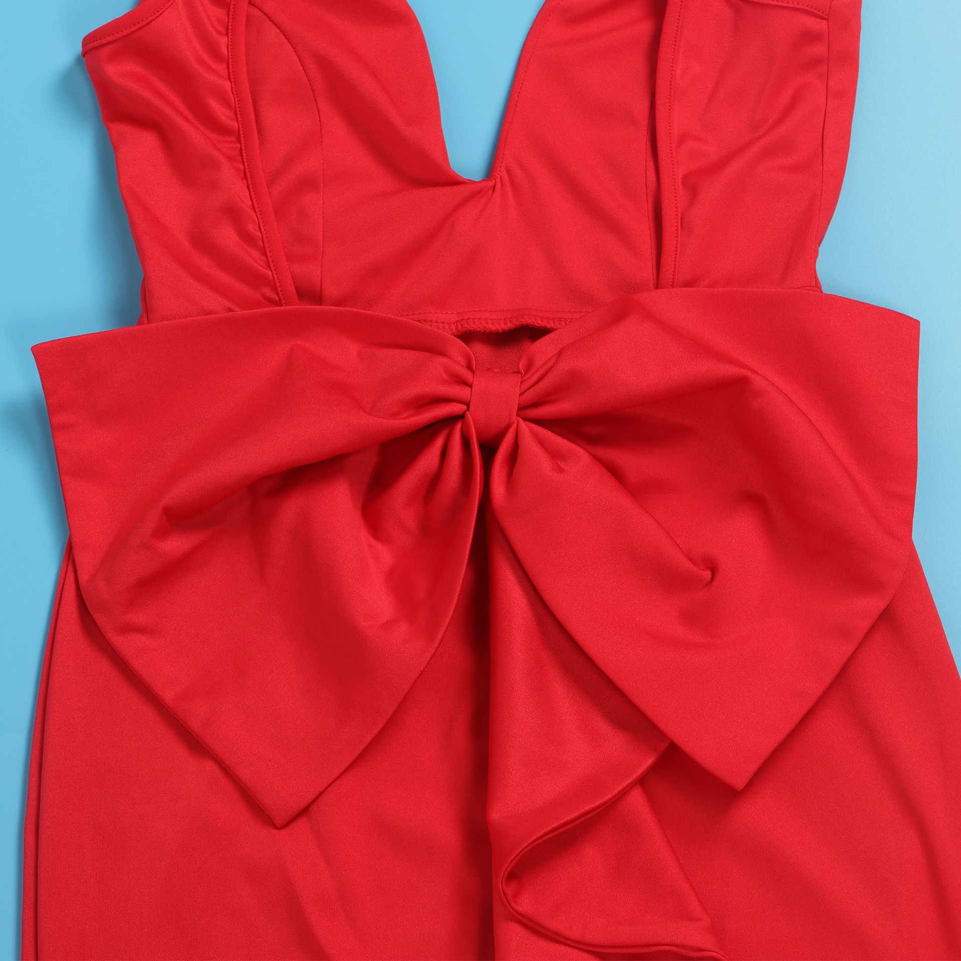 Elegant Women's Backless Deep V Neck Dress With Slit And Bow Detail_voghion.com