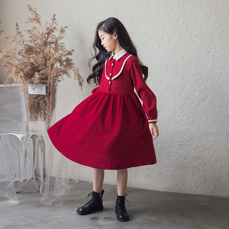 Estilo coreano niños medianos y grandes 2024 niñas estilo preppy Vestido de manga larga Otoño e Invierno niñas camisa roja cuello contraste vestido de color