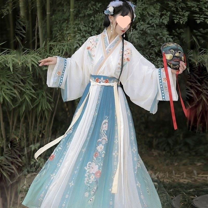 晋制汉服女中国风印花交领齐腰襦裙日常古装蓝色三件套有吊牌