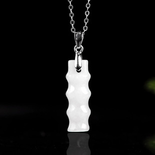 Natural Burma A Jade Bamboo Pendant S925 Silver Inlaid Jade Bamboo Pendant for Men and Women