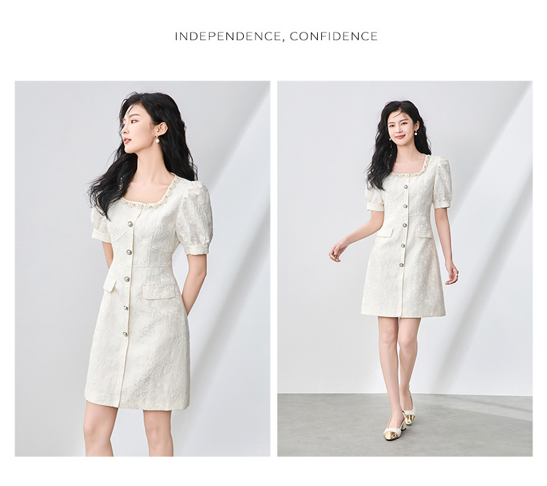 Váy liền tay phồng cổ vuông jacquard nổi họa tiết ngọc trai phong cách tiểu thư — Màu be chi tiết 8
